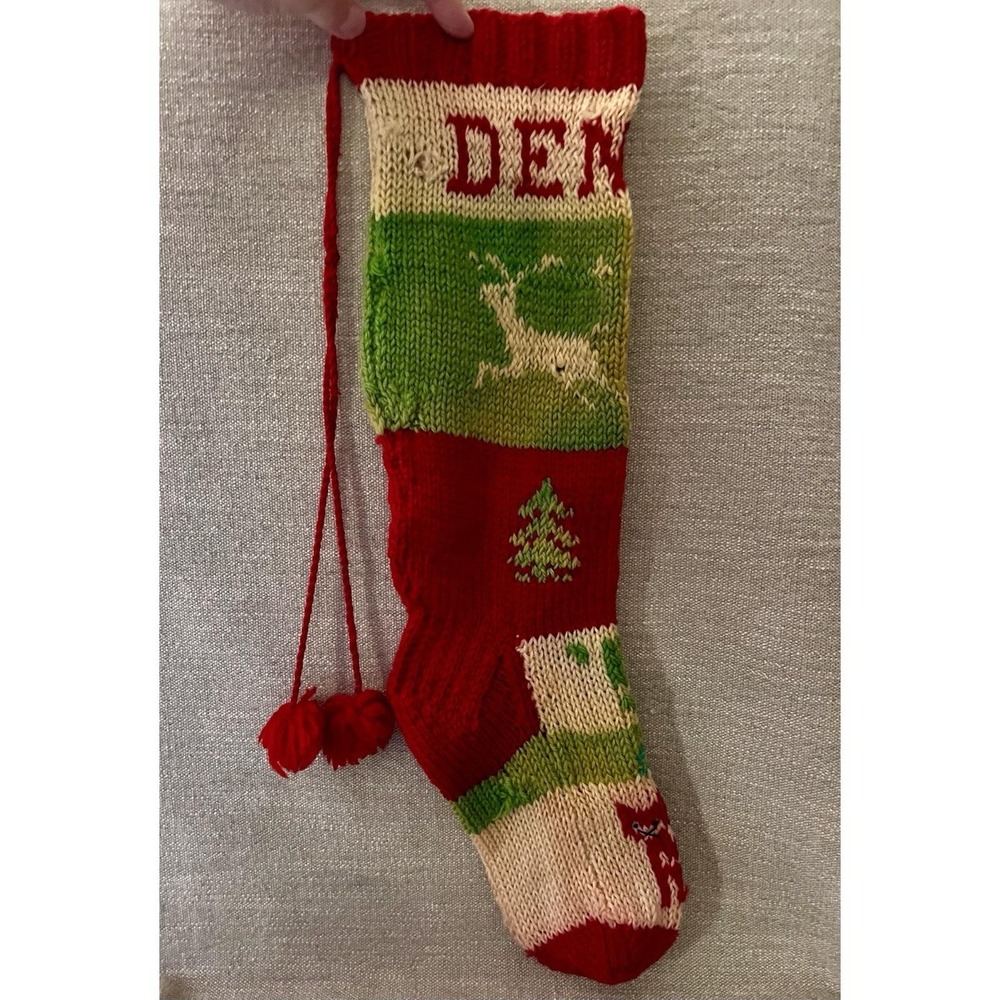 Vintage Hand Knit Christmas Stocking Dennis Reindeer Tree Jingle Bells Red Green